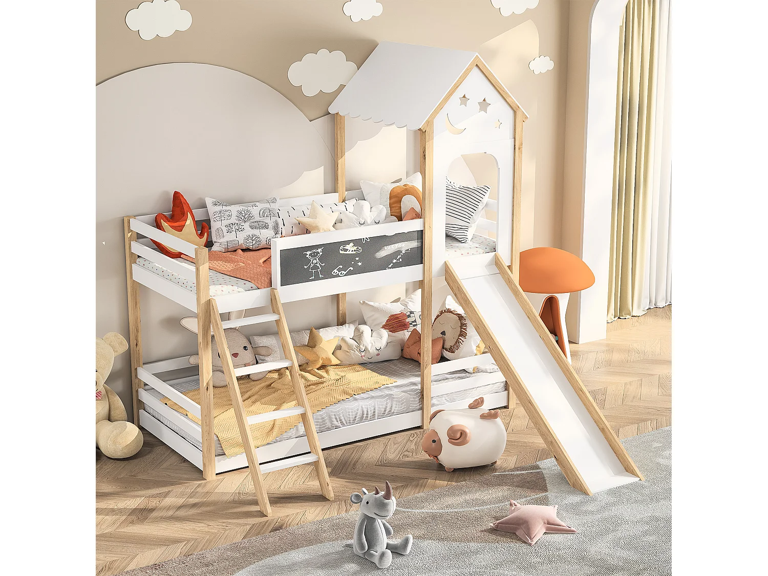 Litera de 90x200 cm, cama infantil con escaleras y toboganes, tablero de escritura, 2x somier, madera maciza