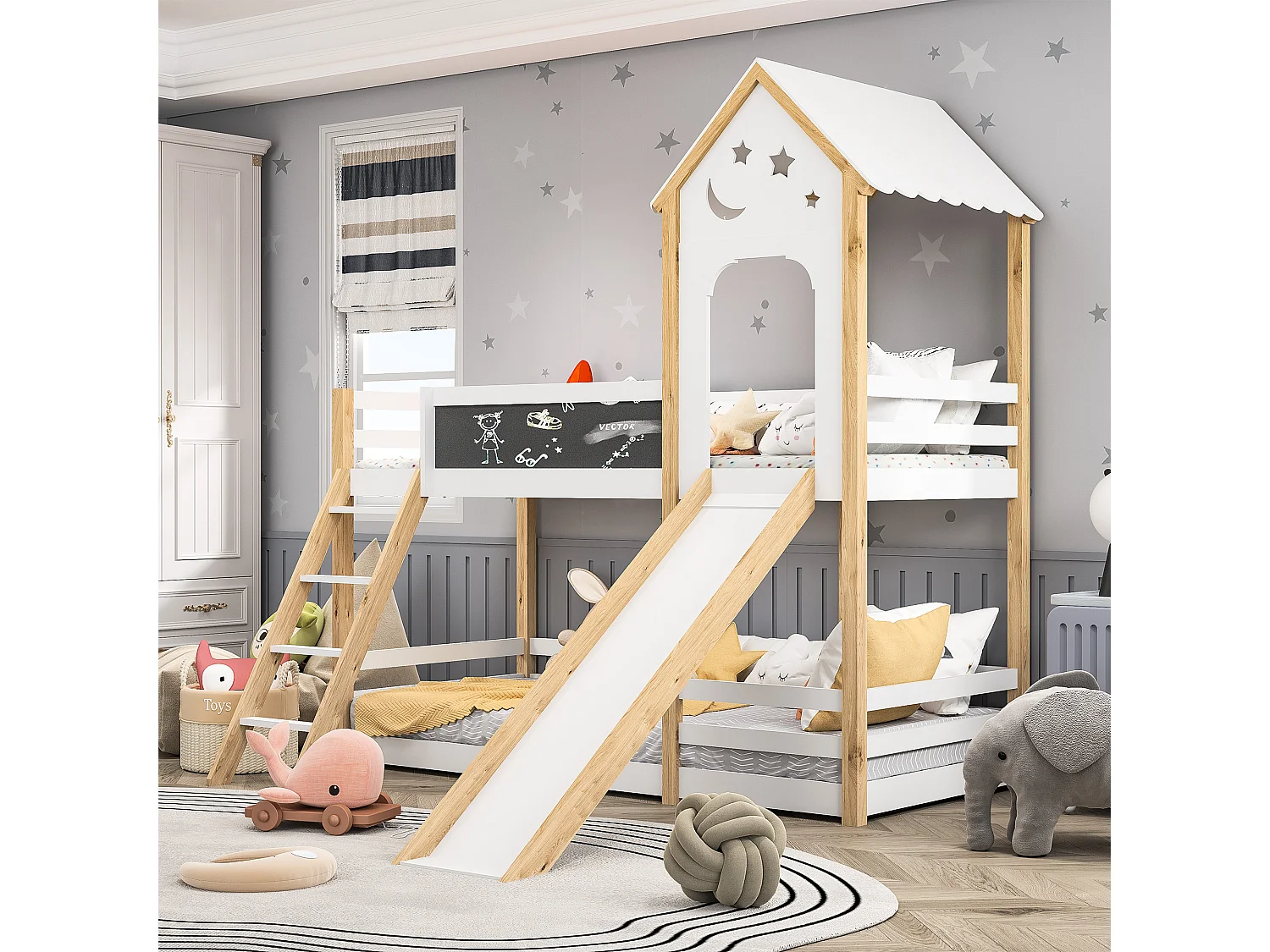 Litera de 90x200 cm, cama infantil con escaleras y toboganes, tablero de escritura, 2x somier, madera maciza