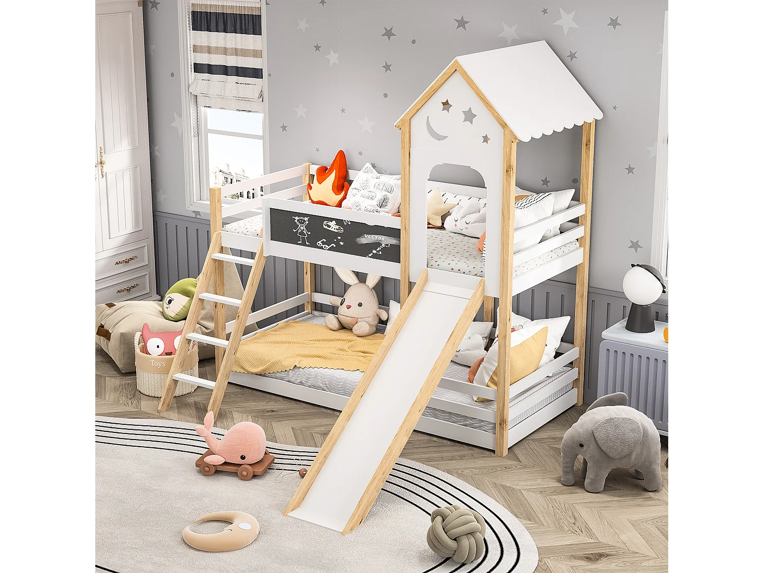 Litera de 90x200 cm, cama infantil con escaleras y toboganes, tablero de escritura, 2x somier, madera maciza