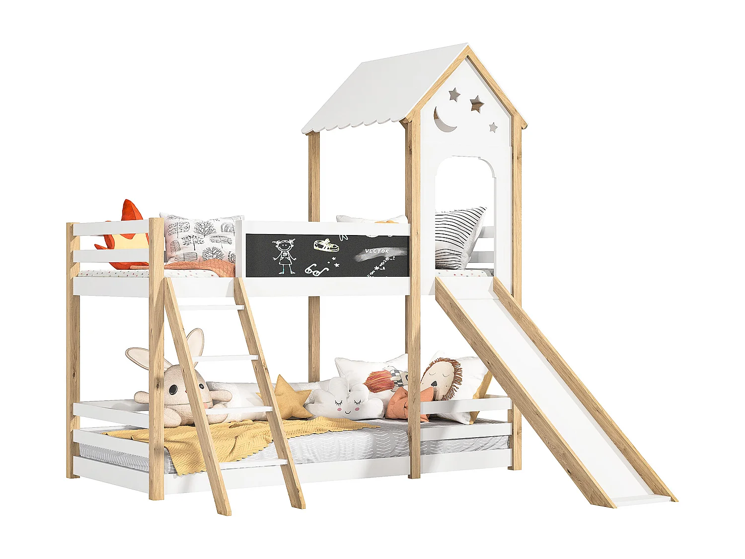 Litera de 90x200 cm, cama infantil con escaleras y toboganes, tablero de escritura, 2x somier, madera maciza