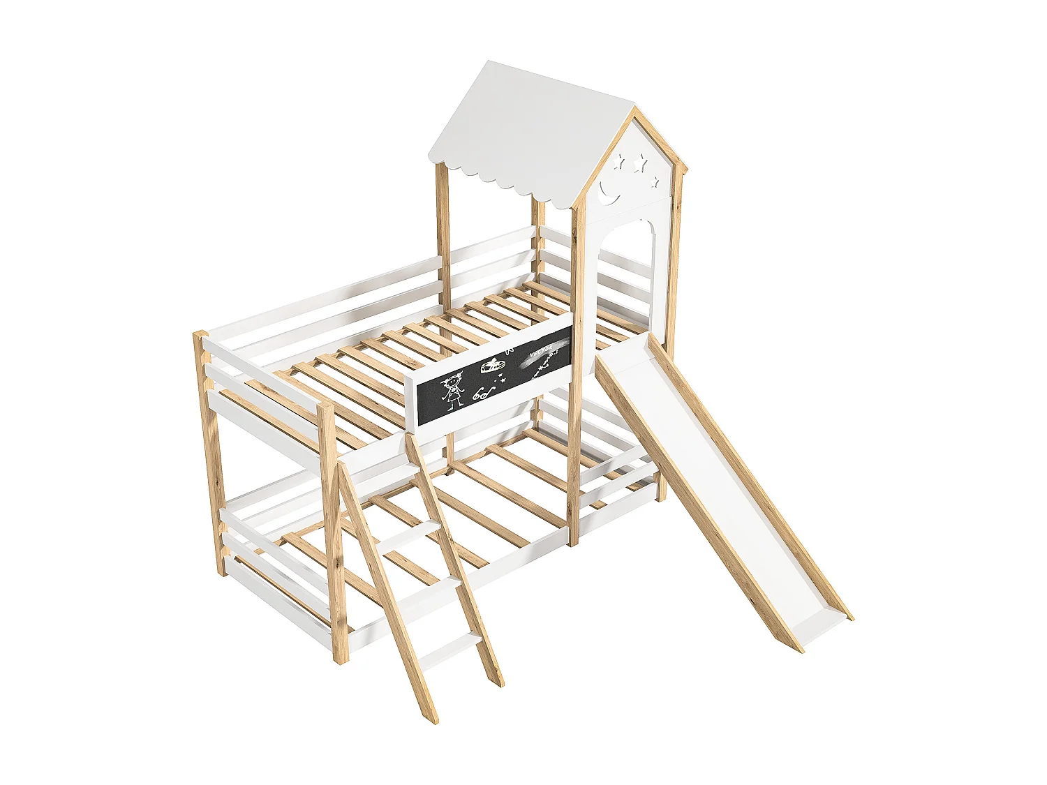 Litera de 90x200 cm, cama infantil con escaleras y toboganes, tablero de escritura, 2x somier, madera maciza