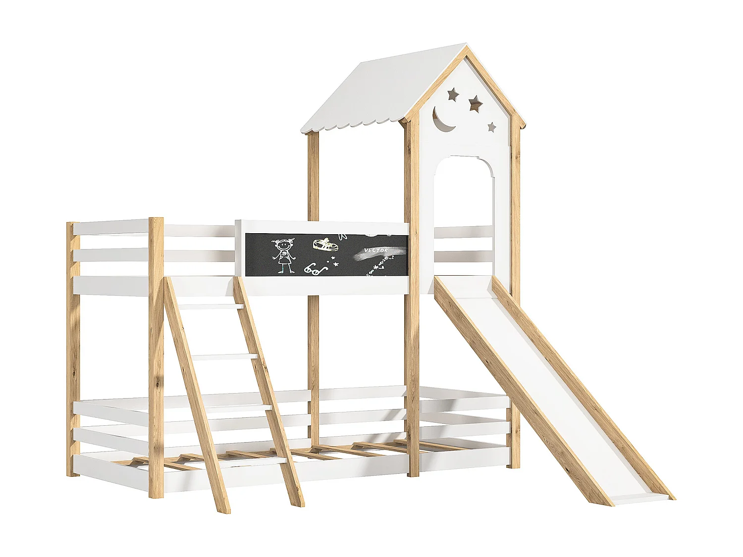 Litera de 90x200 cm, cama infantil con escaleras y toboganes, tablero de escritura, 2x somier, madera maciza