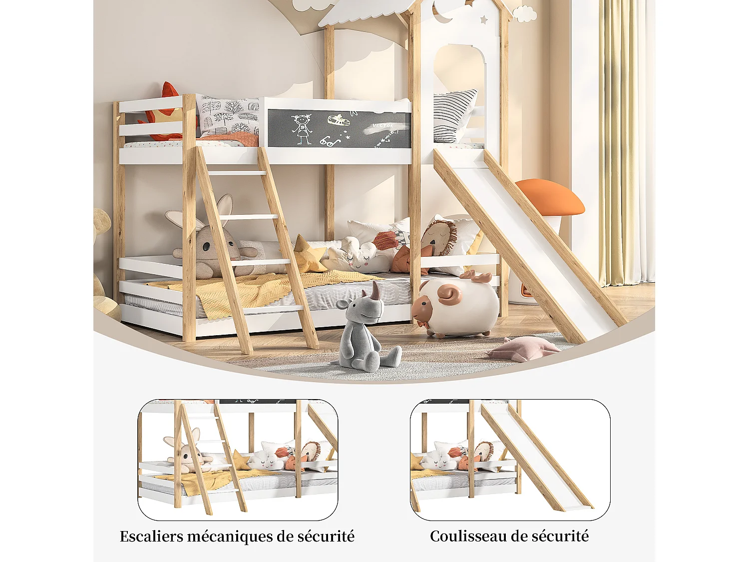 Litera de 90x200 cm, cama infantil con escaleras y toboganes, tablero de escritura, 2x somier, madera maciza