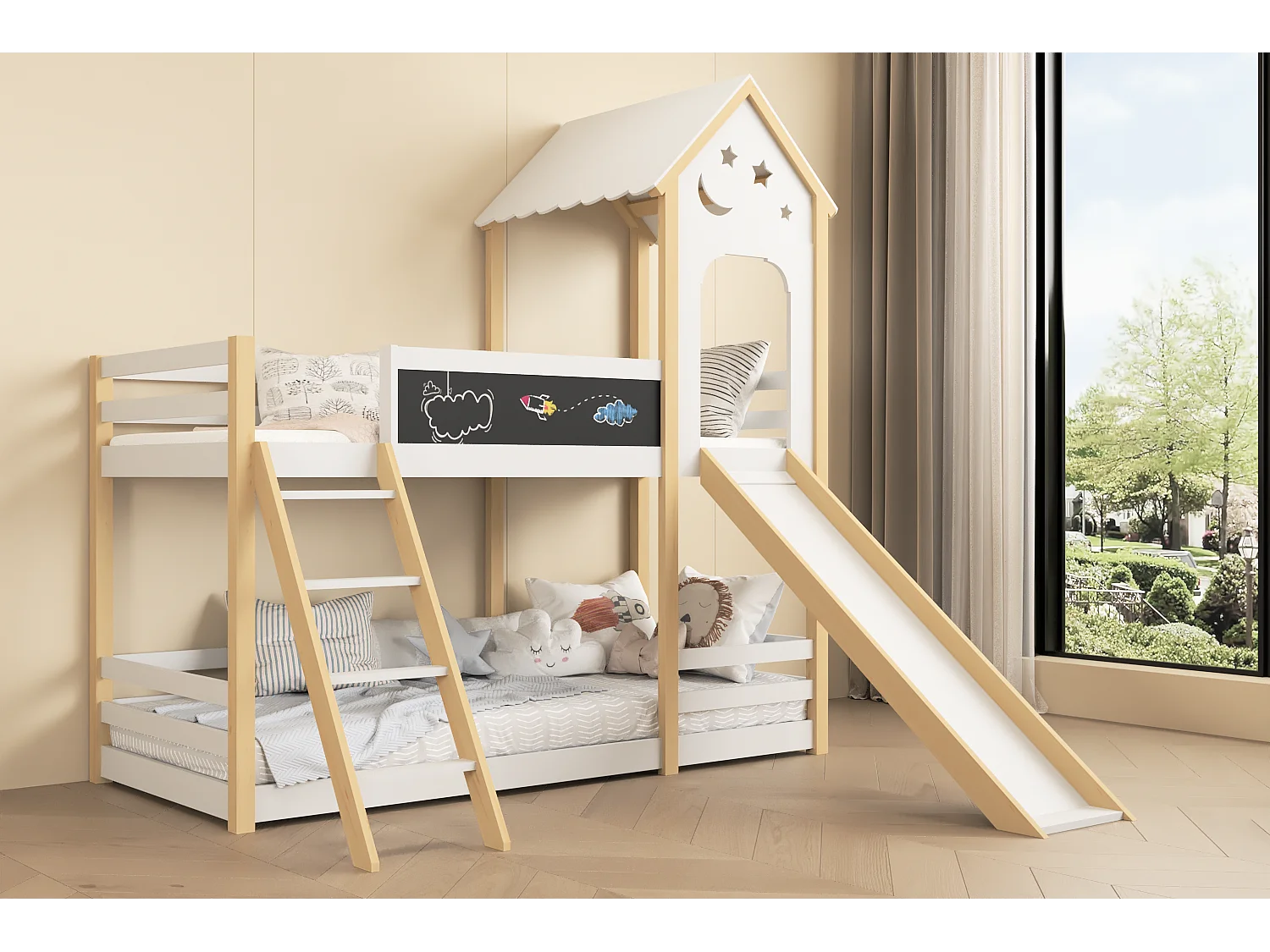 Litera de 90x200 cm, cama infantil con escaleras y toboganes, tablero de escritura, 2x somier, madera maciza
