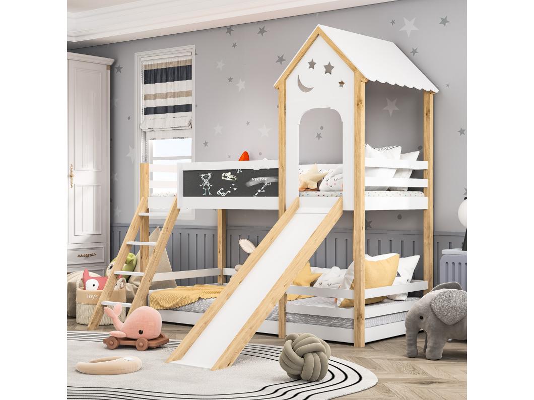 Litera de 90x200 cm, cama infantil con escaleras y toboganes, tablero de escritura, 2x somier, madera maciza
