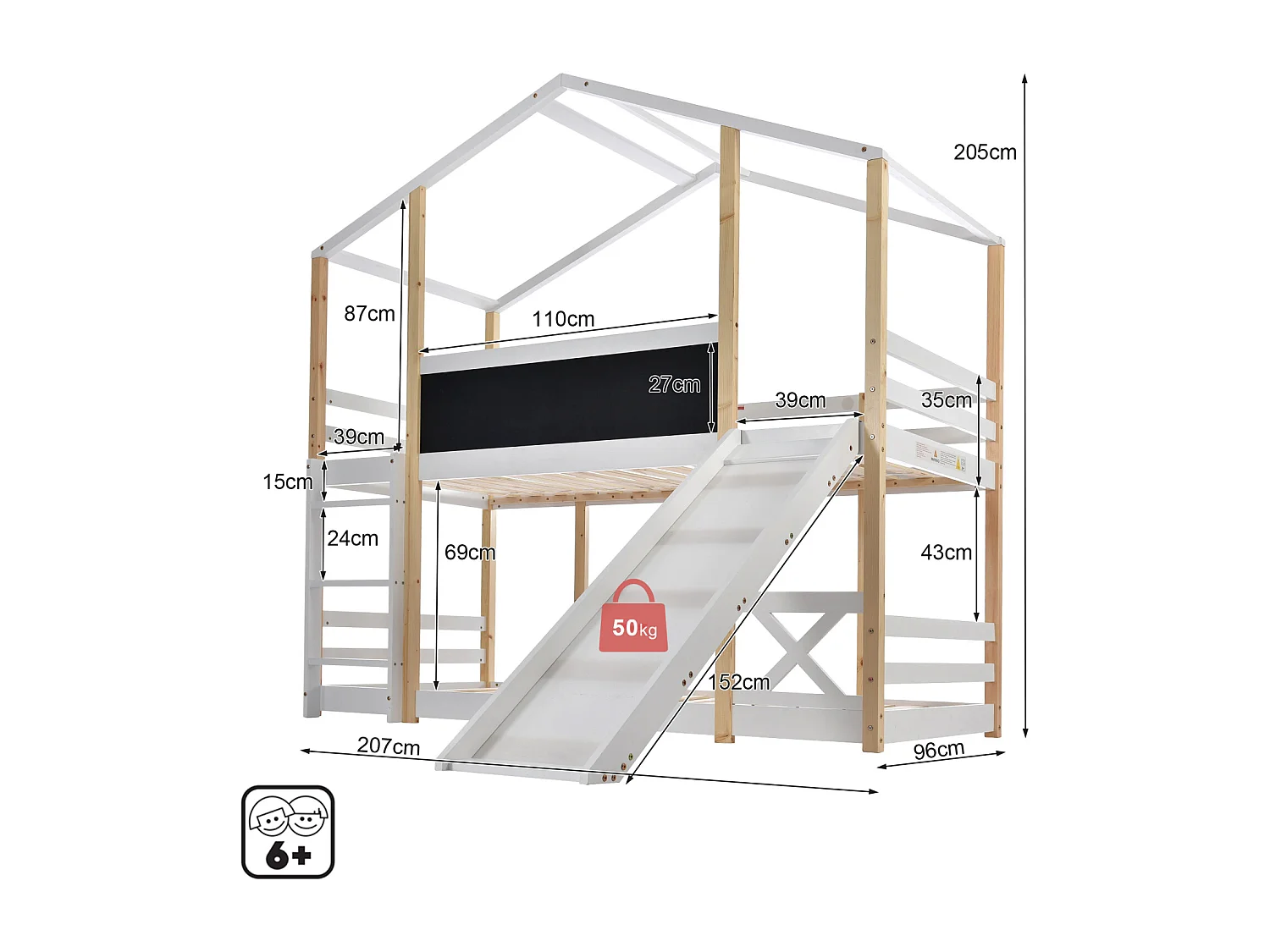 Lit superposés, Adultes, enfants, adolescents Cabane 90 x 200 cm, Toboggan, Échelle Inclinée et Protection Antichute