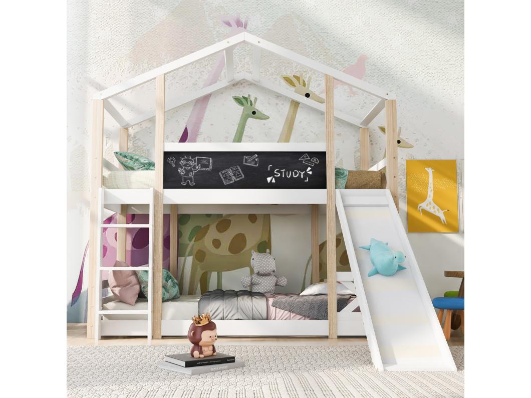 Stapelbed, Volwassenen, Kinderen, Tieners Cabine 90 x 200 cm, Glijbaan, Hellende Ladder en Valbeveiliging