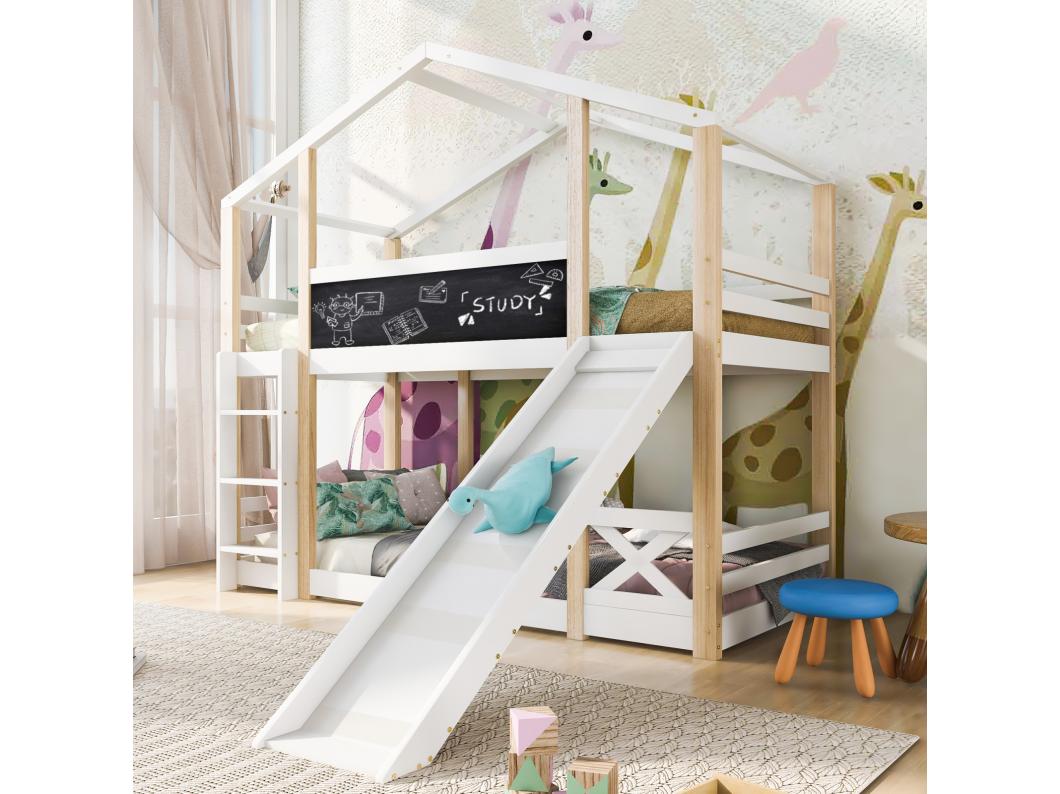 Lit superposés, Adultes, enfants, adolescents Cabane 90 x 200 cm, Toboggan, Échelle Inclinée et Protection Antichute