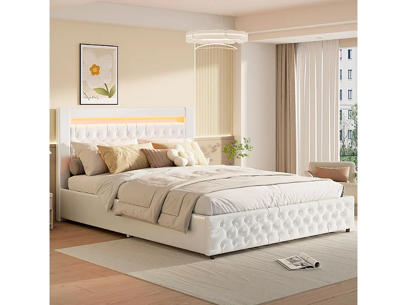 Letto idraulico imbottito, 180 x 200 cm, con rete a doghe e vano contenitore, letto matrimoniale, con barra luminosa a LED, struttura letto, letto contenitore