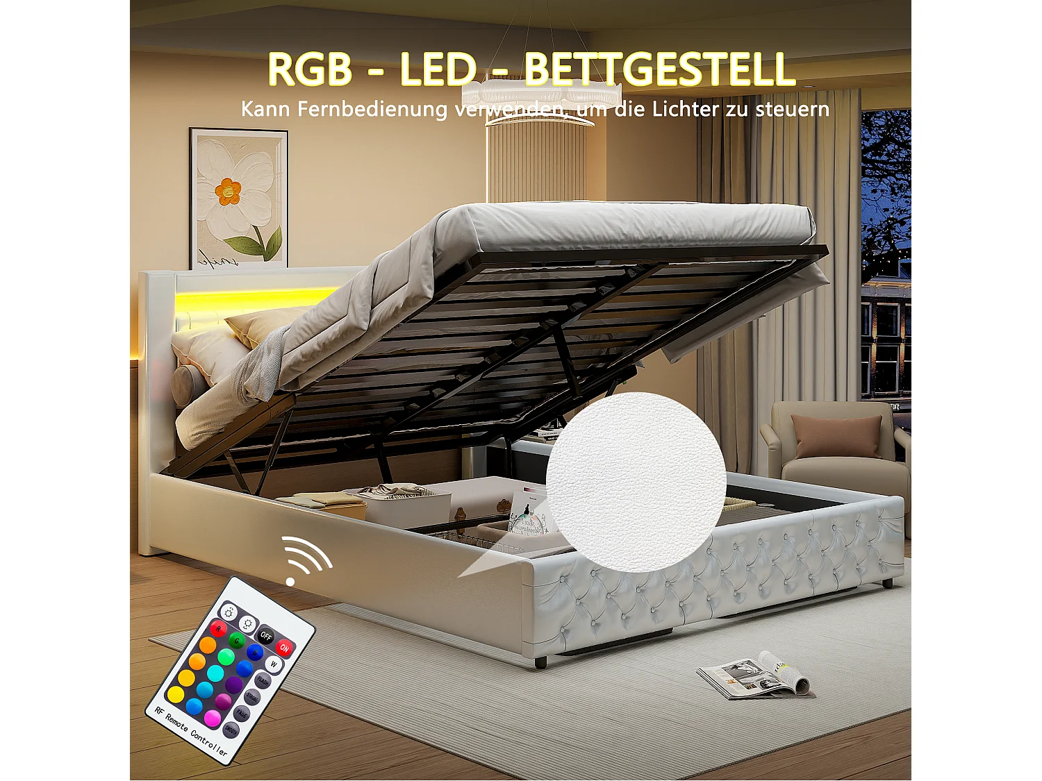 Letto idraulico imbottito, 180 x 200 cm, con rete a doghe e vano contenitore, letto matrimoniale, con barra luminosa a LED, struttura letto, letto contenitore