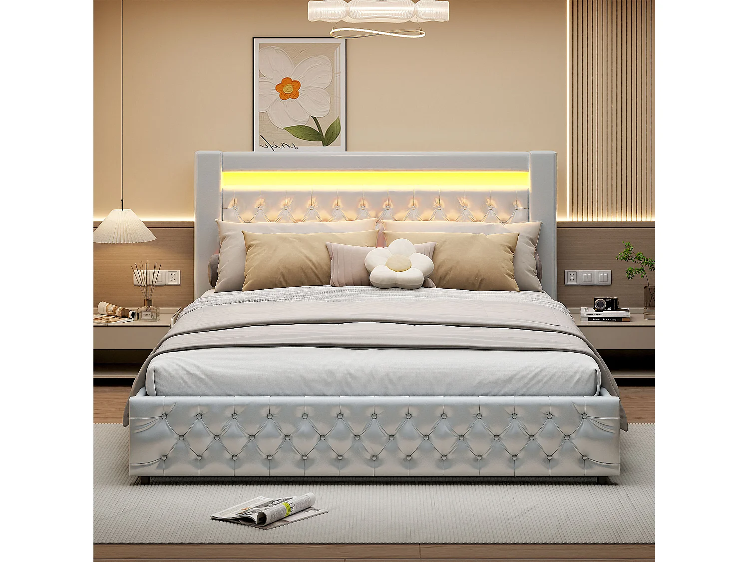 Letto idraulico imbottito, 180 x 200 cm, con rete a doghe e vano contenitore, letto matrimoniale, con barra luminosa a LED, struttura letto, letto contenitore