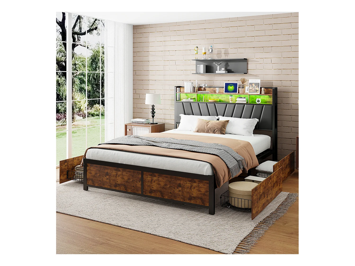 Tweepersoonsbed 180x200cm - met metalen lattenbodem en opberg LED hoofdbord - industriële stijl - zwart PU bed