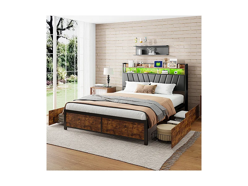 Doppelbett 140 x 200 cm – mit Lattenrost aus Metall und Kopfteil mit LED-Aufbewahrung – Industriestil – schwarzes PU-Bett