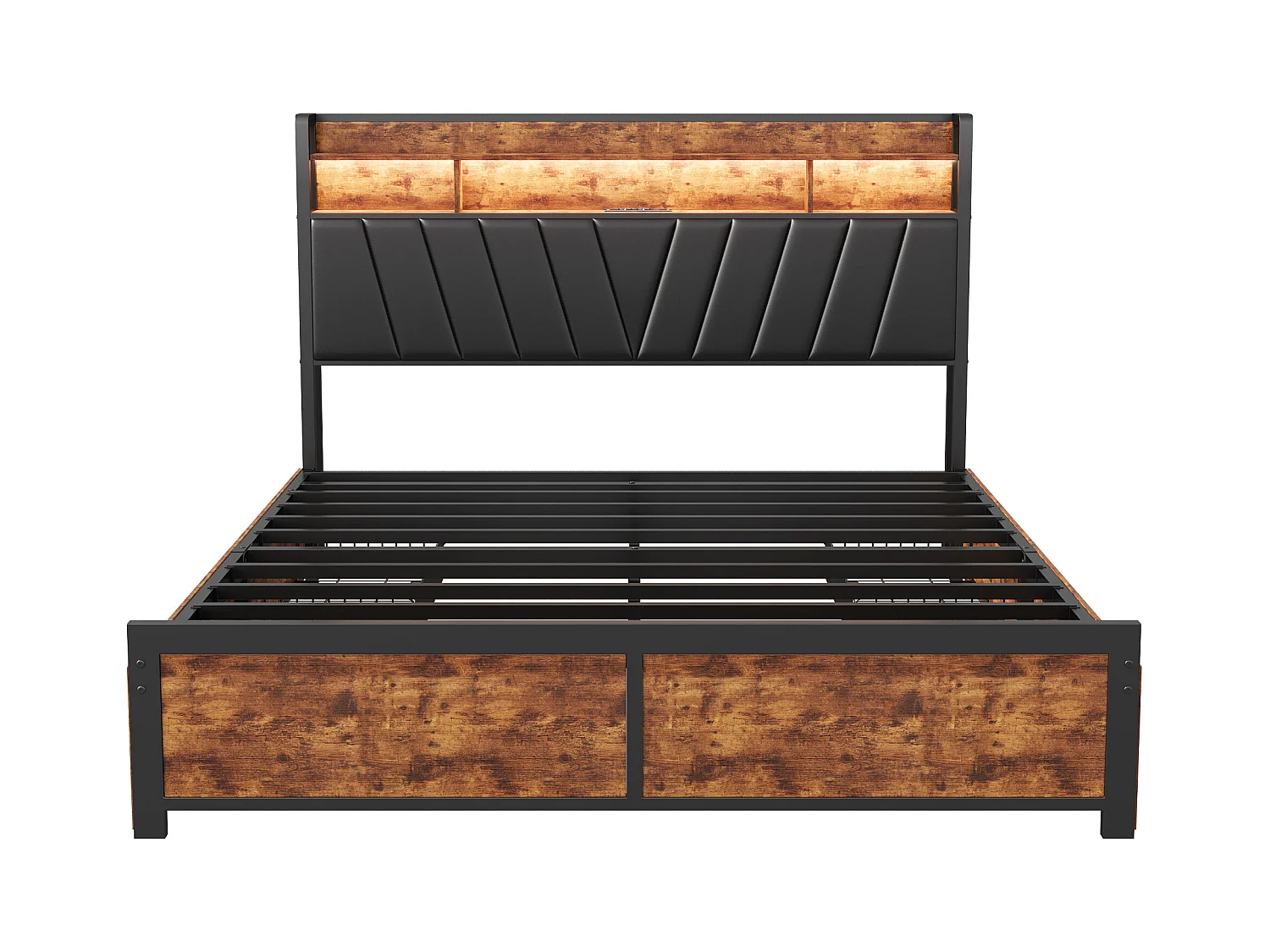 Lit double 140x200cm - avec sommier à lattes en métal et tête de lit LED de rangement - style industriel - lit en PU noir