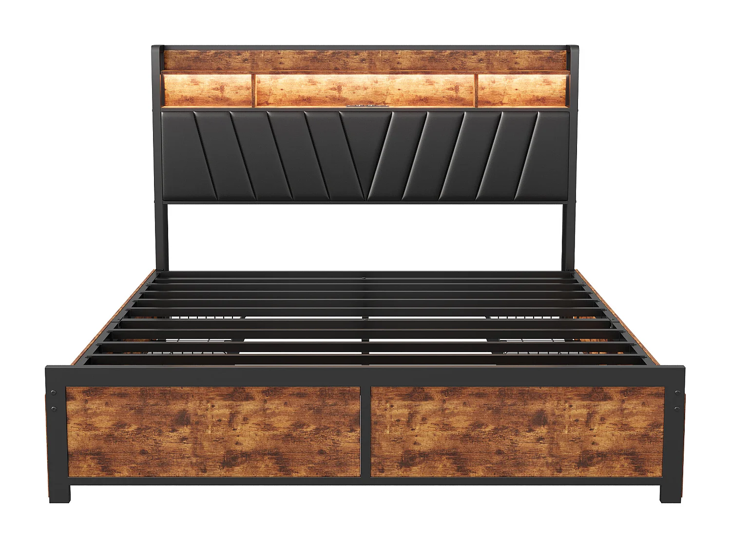 Lit double 140x200cm - avec sommier à lattes en métal et tête de lit LED de rangement - style industriel - lit en PU noir