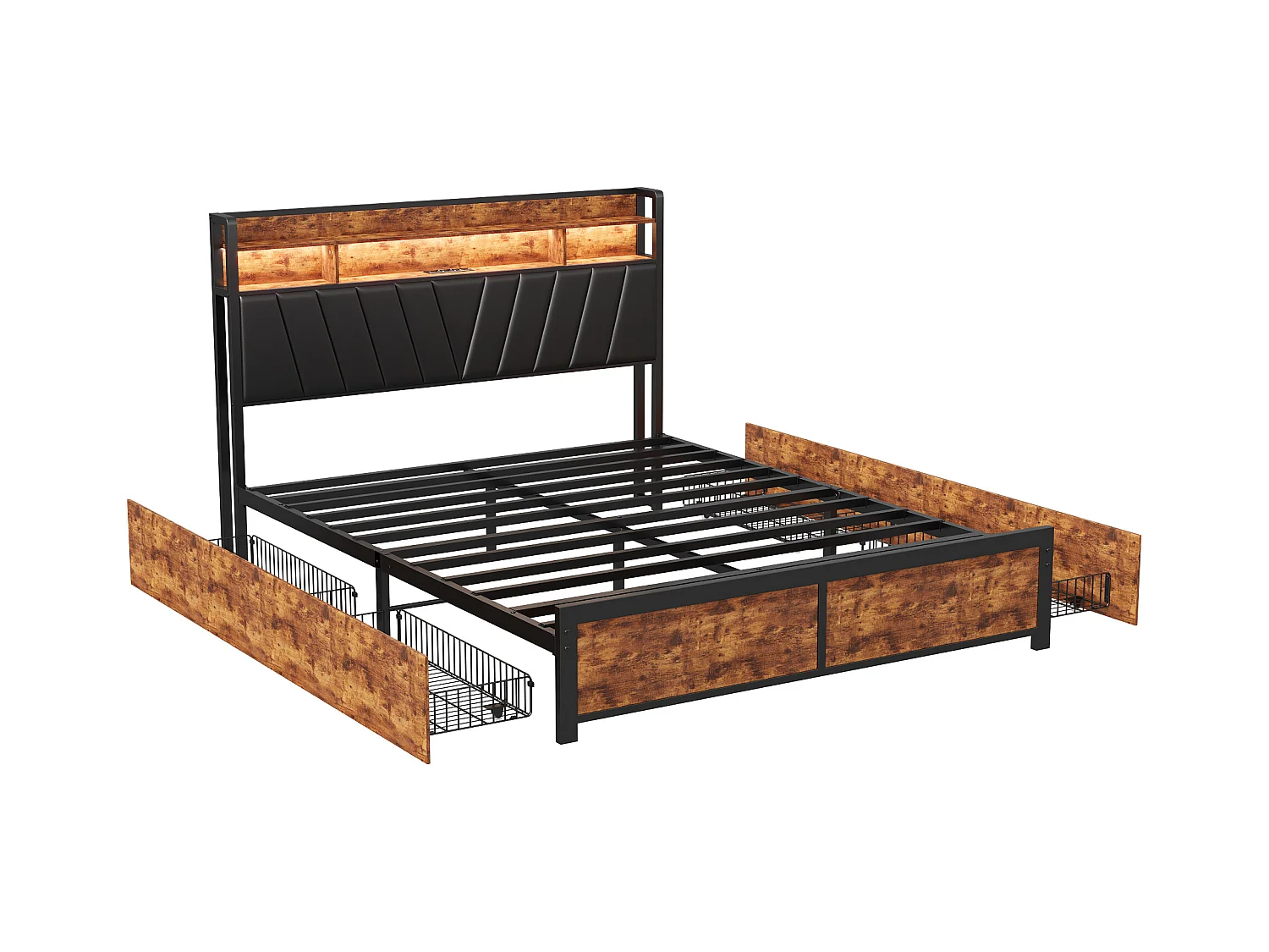 Tweepersoonsbed 160x200cm - met metalen lattenbodem en opberg LED hoofdbord - industriële stijl - zwart PU bed