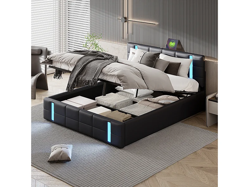 Erwachsenenbett 140×200 cm mit LED-Lichtleiste, Bettkasten mit Stauraum, Rückenlehne, USB-Schnittstelle*2, gepolstertes Bett, Jugendbett, schwarzes PU