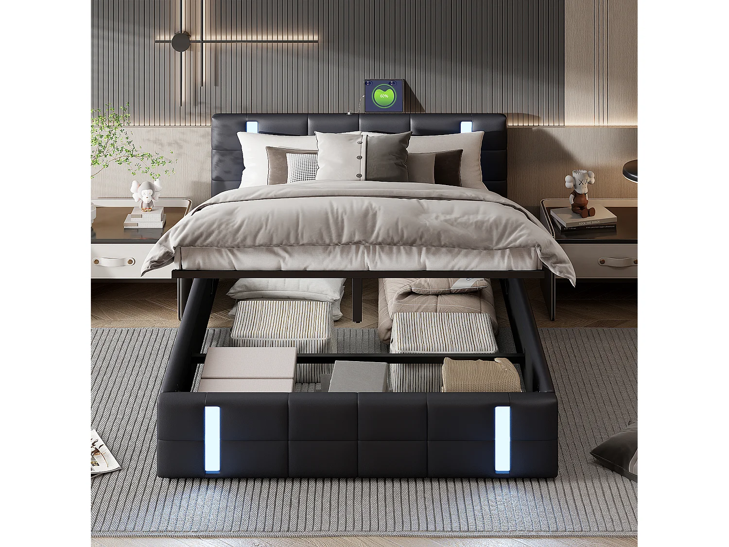 Lit adulte 140×200cm avec bande lumineuse LED, coffre de lit rangement, dossier, interface USB*2, lit capitonné, lit ado, PU noir