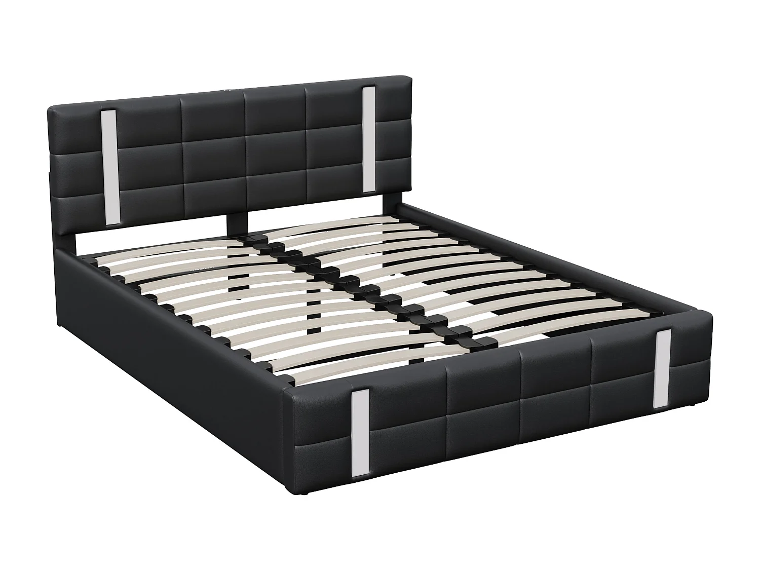 Lit adulte 140×200cm avec bande lumineuse LED, coffre de lit rangement, dossier, interface USB*2, lit capitonné, lit ado, PU noir