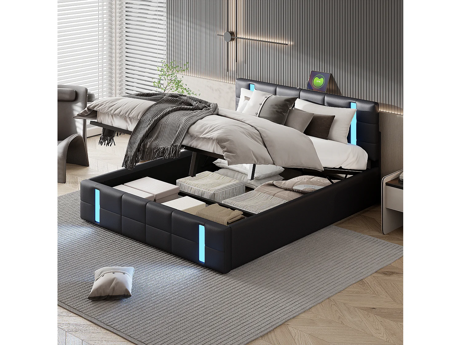 Erwachsenenbett 160×200 cm mit LED-Lichtleiste, Bettkasten mit Stauraum, Rückenlehne, USB-Schnittstelle*2, gepolstertes Bett, Jugendbett, schwarzes PU