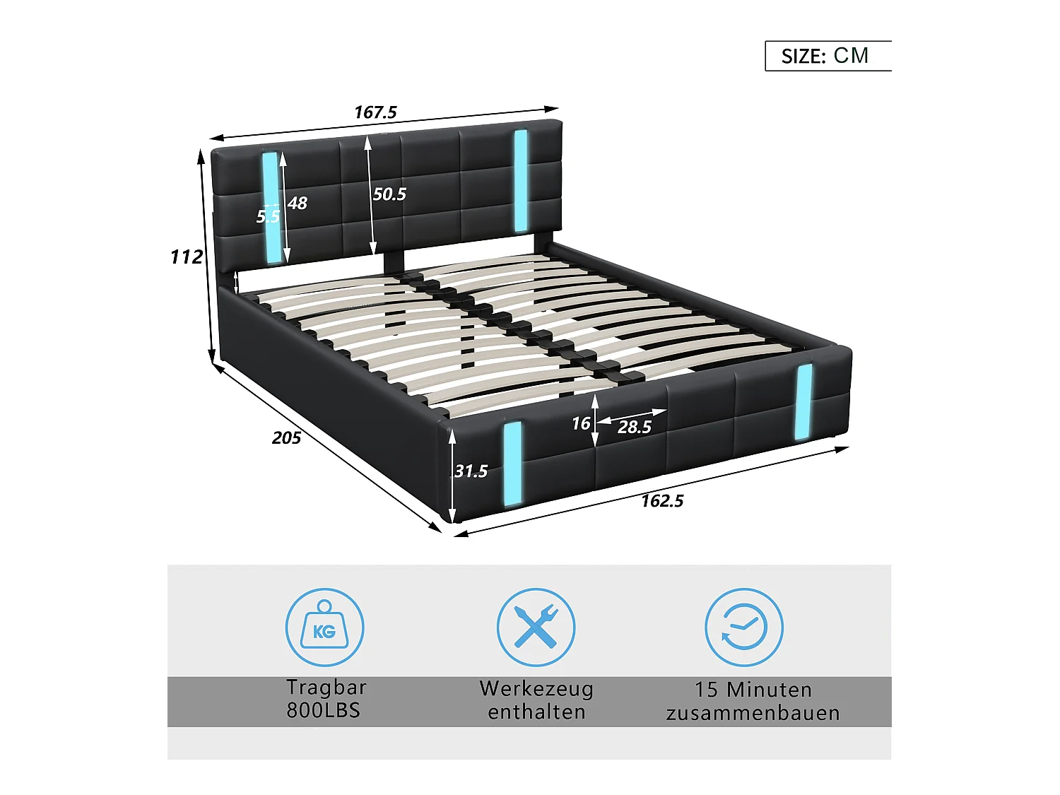 160×200cm volwassen bed met LED-lichtstrip, opbergbedkast, rugleuning, USB-interface*2, gestoffeerd bed, tienerbed, zwart PU