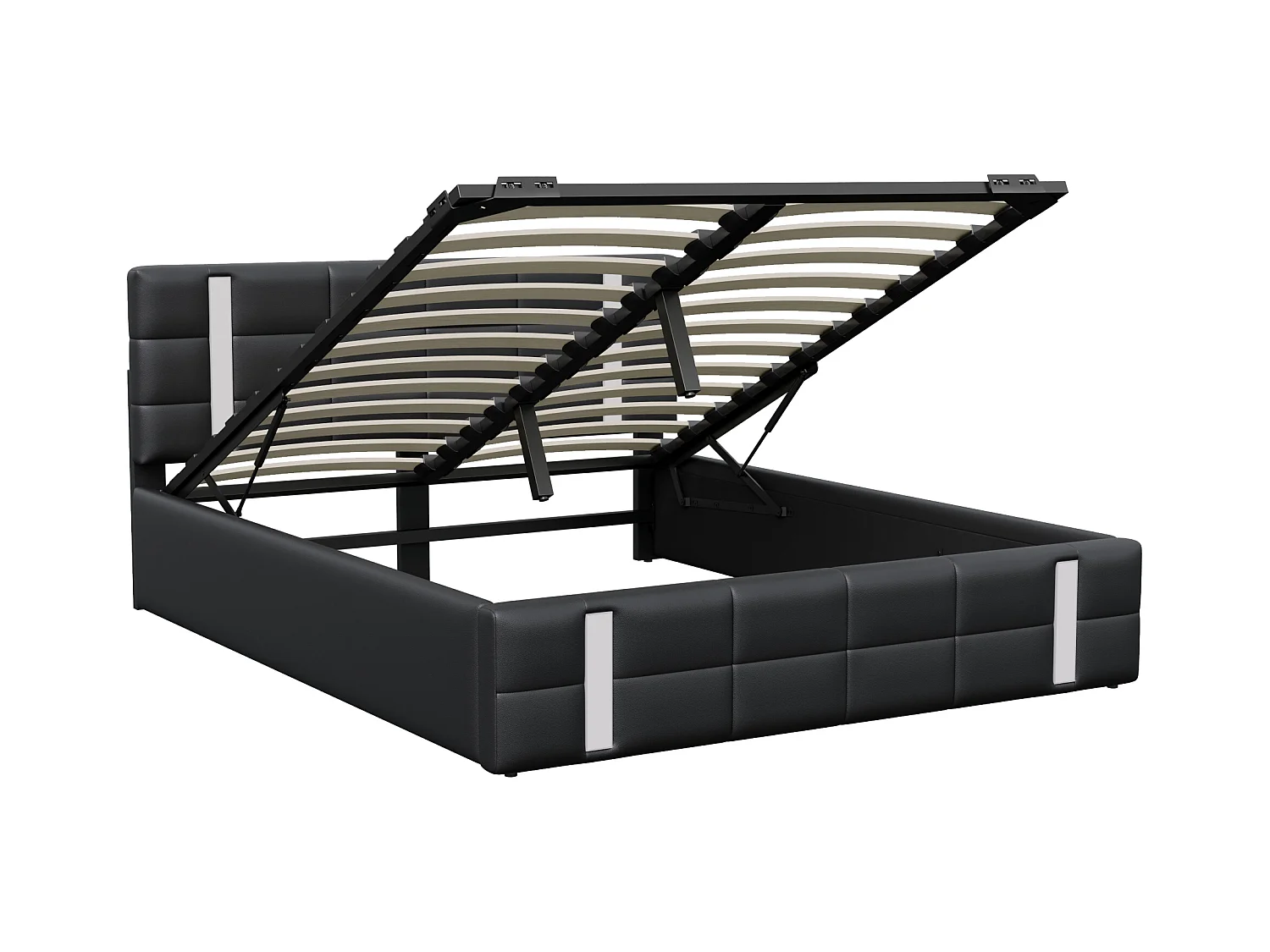 160×200cm volwassen bed met LED-lichtstrip, opbergbedkast, rugleuning, USB-interface*2, gestoffeerd bed, tienerbed, zwart PU