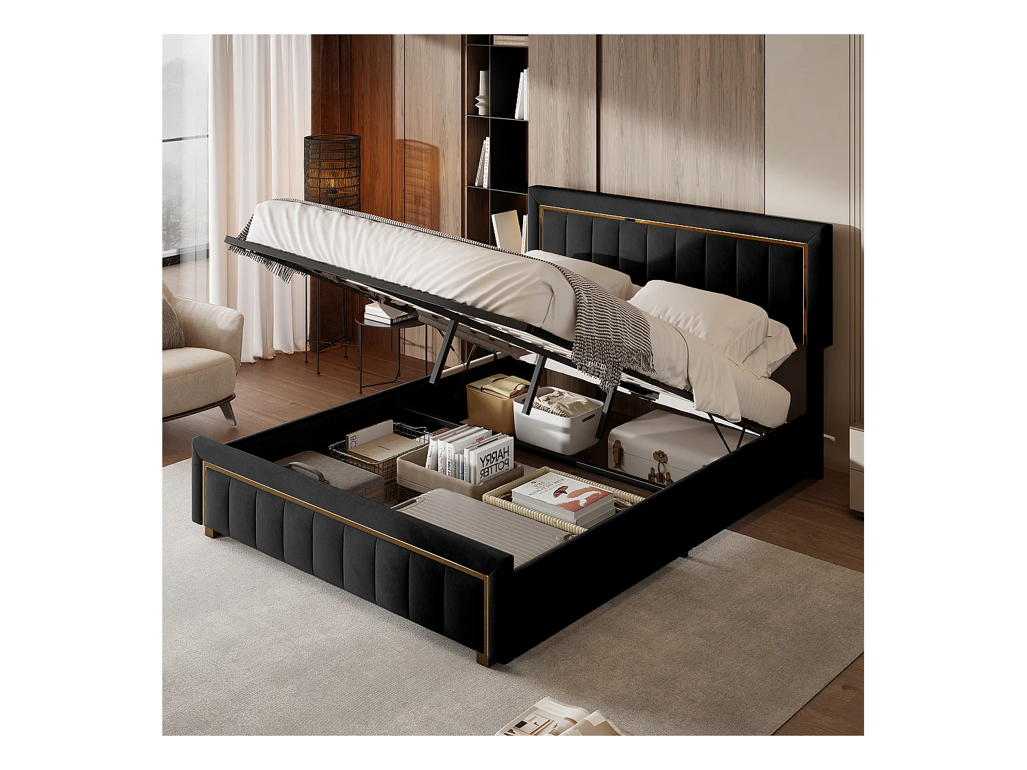 Cama contenedor 140x200 cm, cama doble con somier y cabecero y pies con borde dorado, madera y franela, beige blanco