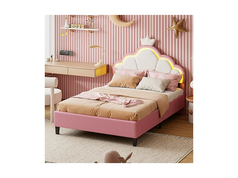 Lit enfant 140x200cm - lit princesse avec sommier à lattes, tête de lit en forme de couronne - en flanelle rose