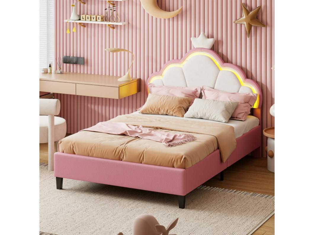 Kinderbed 140x200cm - prinsessenbed met lattenbodem, kroonvormig hoofdeinde - in roze flanel
