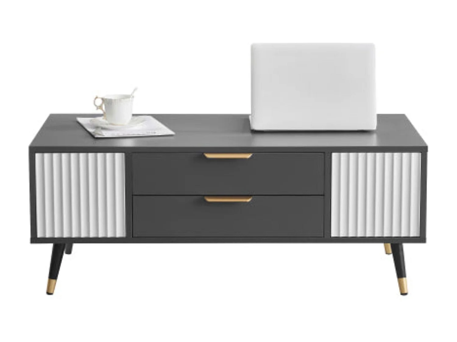 Table basse moderne gris-blanc - 2 portes, 2 tiroirs,d114cm×h15cm