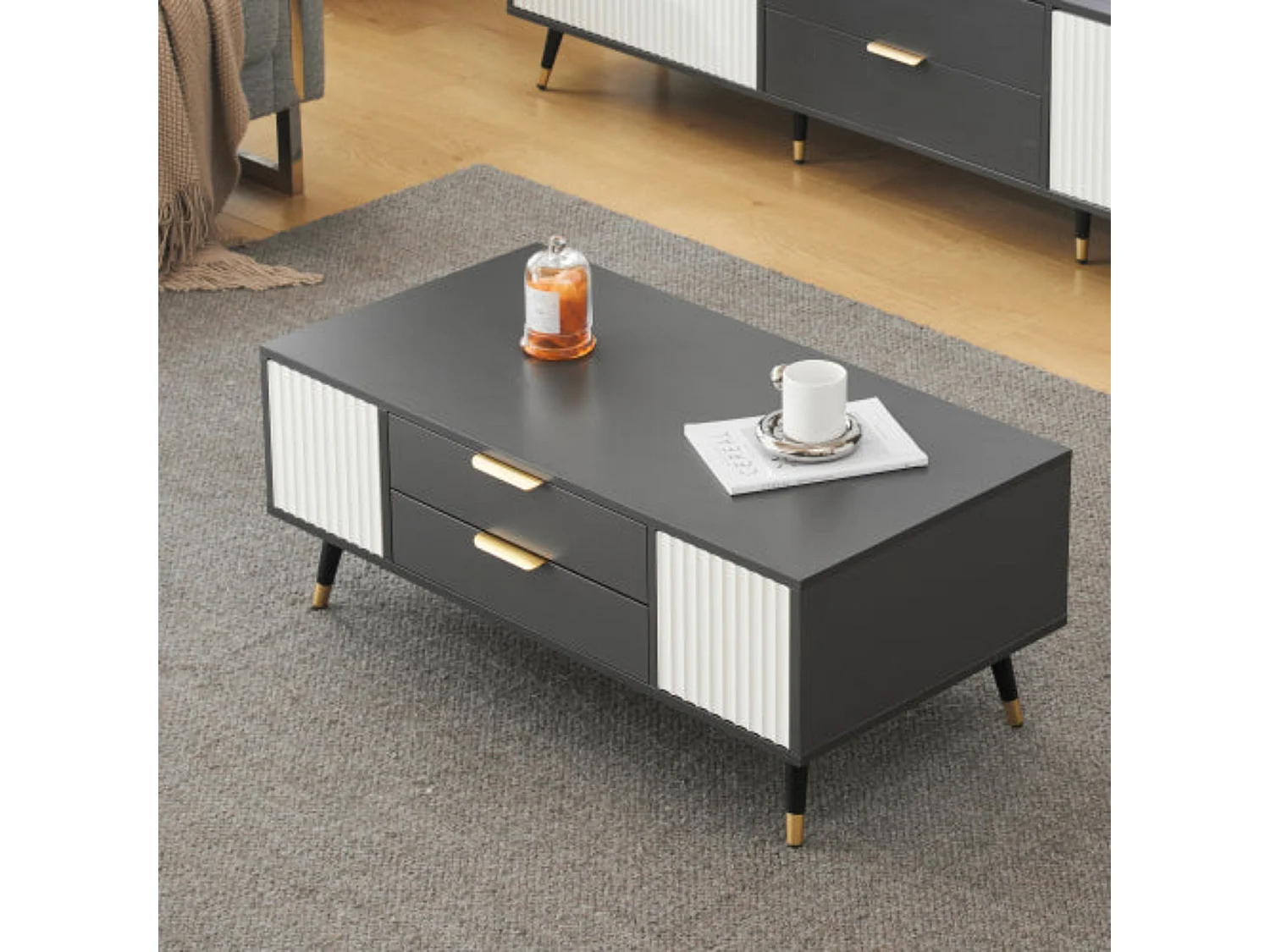 Table basse moderne gris-blanc - 2 portes, 2 tiroirs,d114cm×h15cm