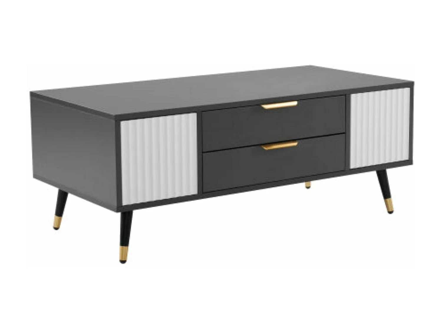 Table basse moderne gris-blanc - 2 portes, 2 tiroirs,d114cm×h15cm