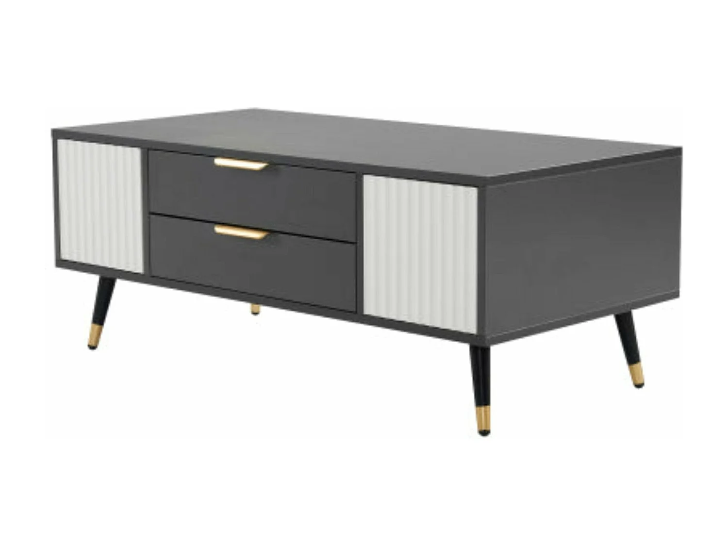 Table basse moderne gris-blanc - 2 portes, 2 tiroirs,d114cm×h15cm