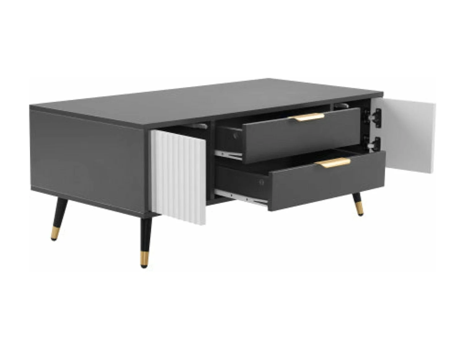 Table basse moderne gris-blanc - 2 portes, 2 tiroirs,d114cm×h15cm