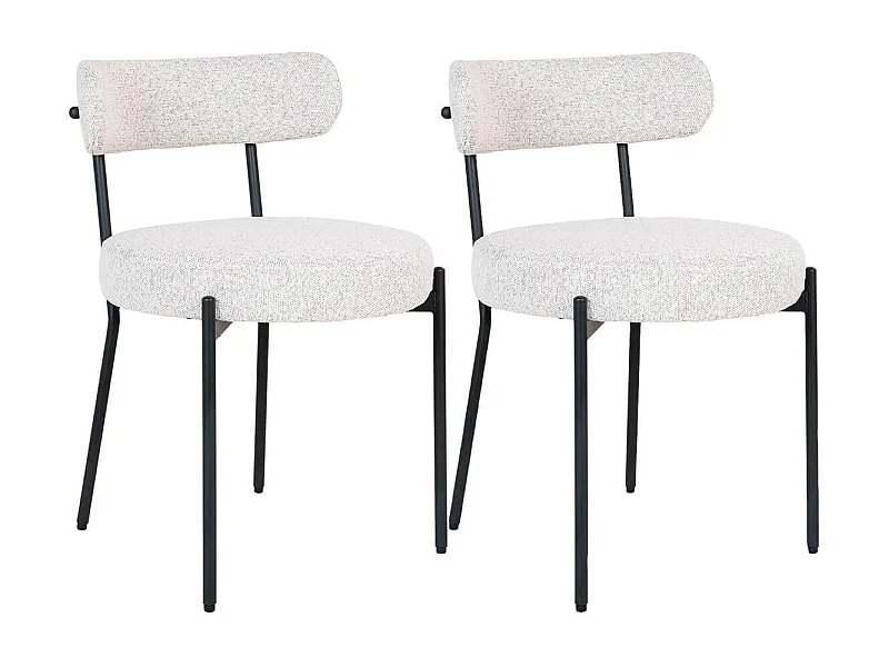 LOANA - Lot de 2 Chaises Tissu Bouclé Blanc Chiné Dossier et Pieds Métal Noir