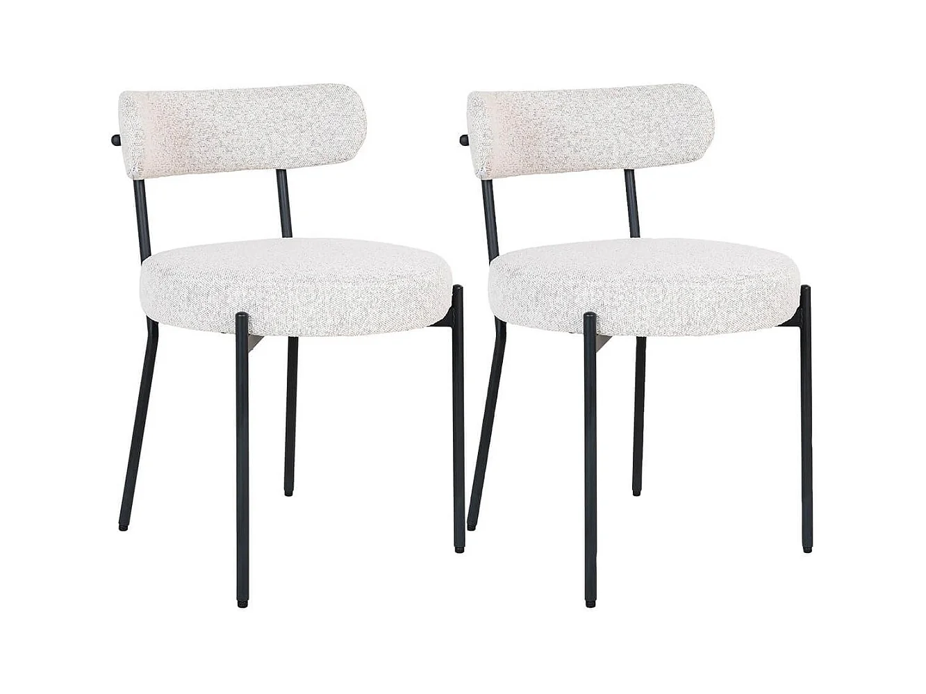 LOANA - Lot de 2 Chaises Tissu Bouclé Blanc Chiné Dossier et Pieds Métal Noir
