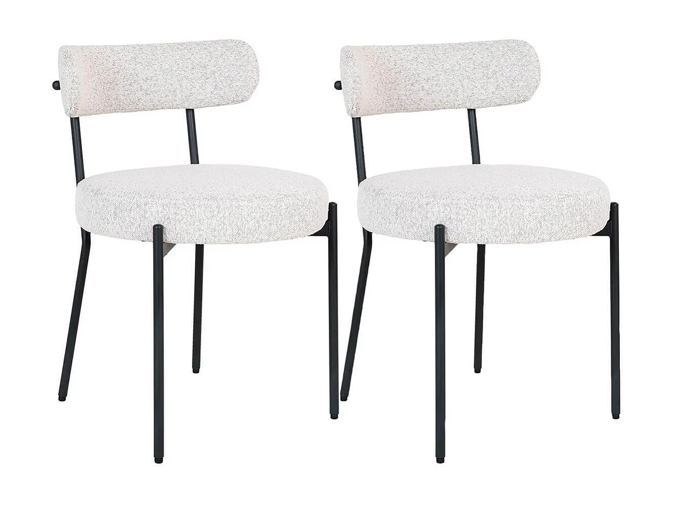 LOANA - Lot de 2 Chaises Tissu Bouclé Blanc Chiné Dossier et Pieds Métal Noir
