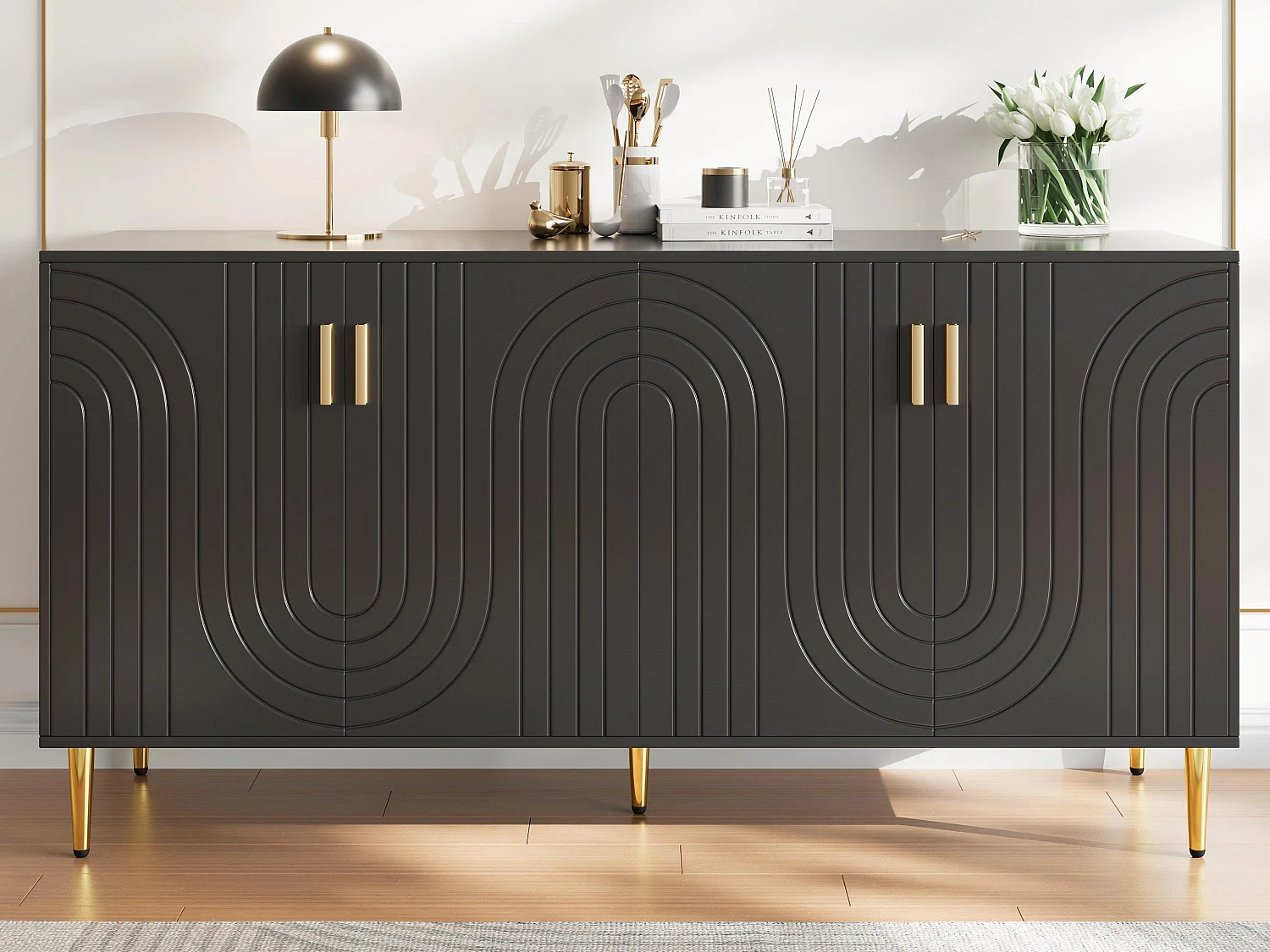 Modern dressoir - 4 deuren met golvenpatroon - in MDF - Zwart
