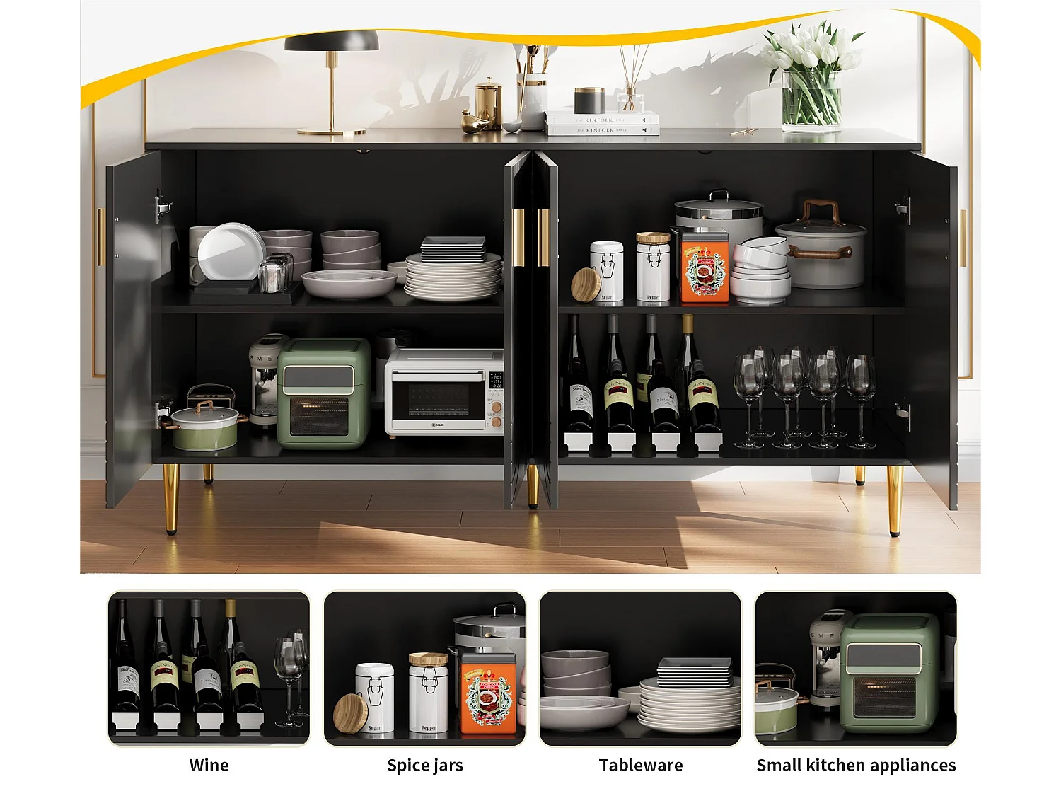 Modern dressoir - 4 deuren met golvenpatroon - in MDF - Zwart