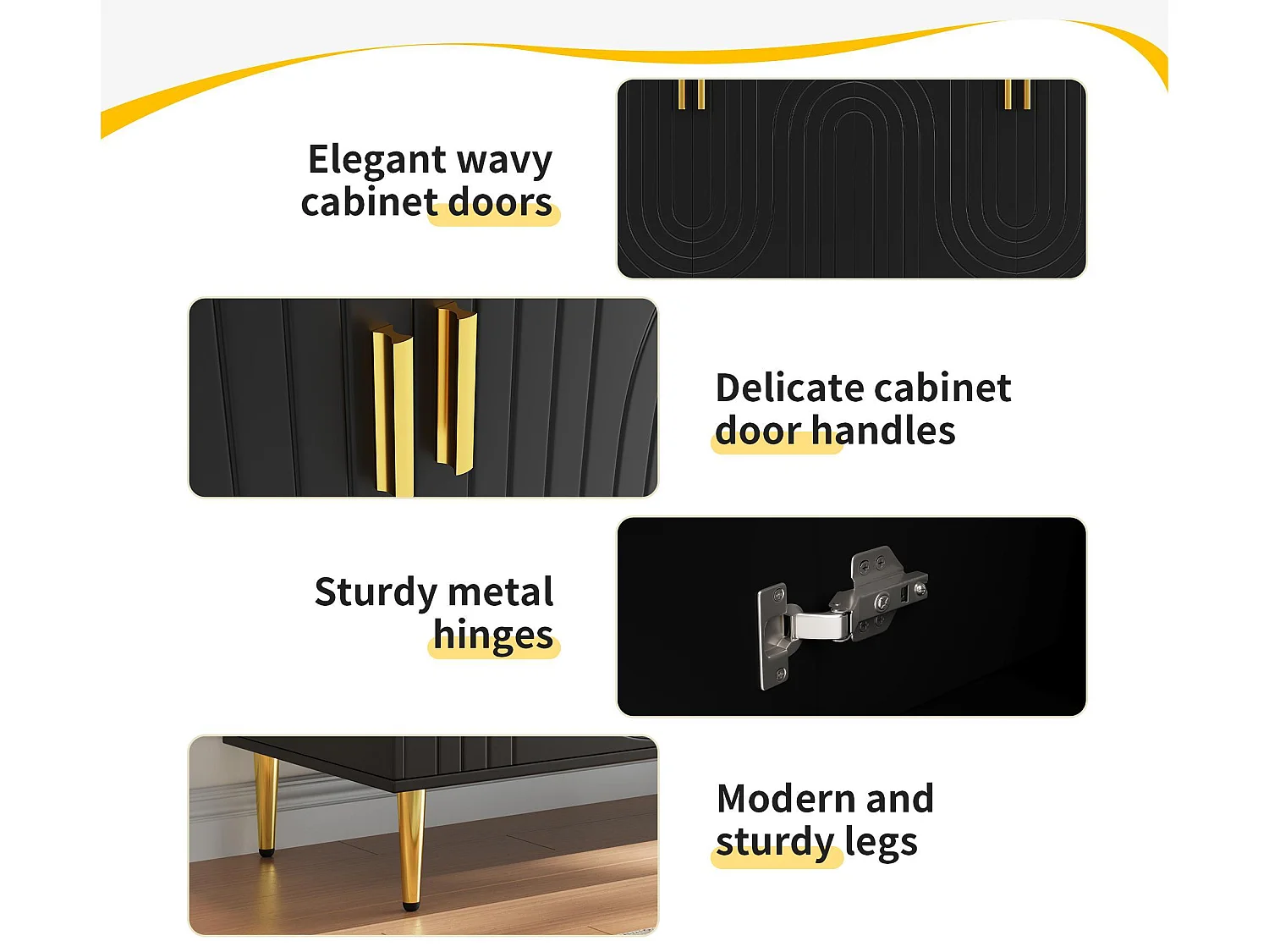 Modern dressoir - 4 deuren met golvenpatroon - in MDF - Zwart