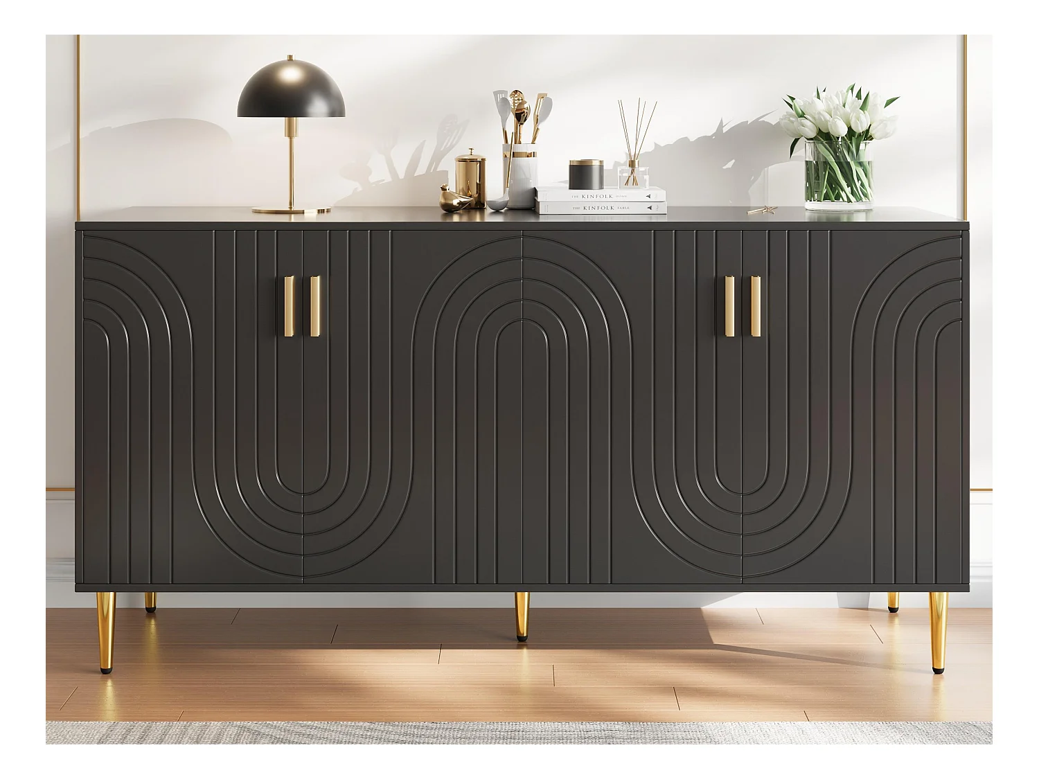 Buffet moderne - 4 portes à motif ondulé - en MDF - Noir