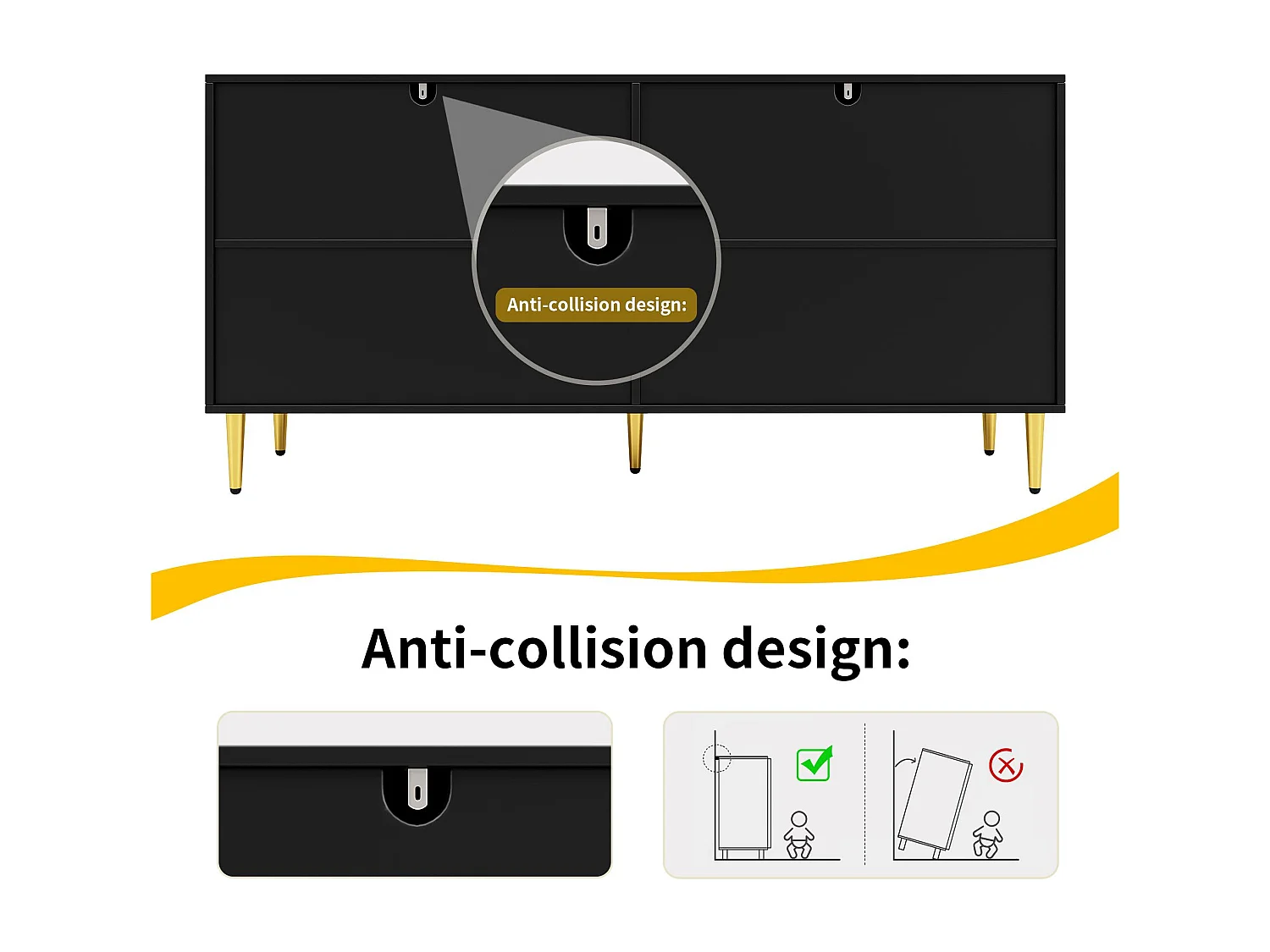 Modernes Sideboard – 4 Türen mit Wellenmuster – aus MDF – Schwarz