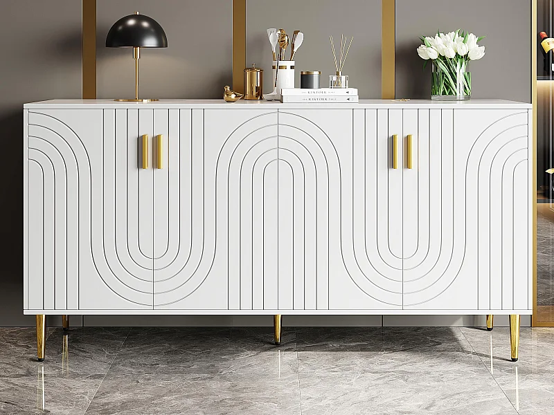Buffet moderne - 4 portes à motif ondulé - en MDF - Blanc