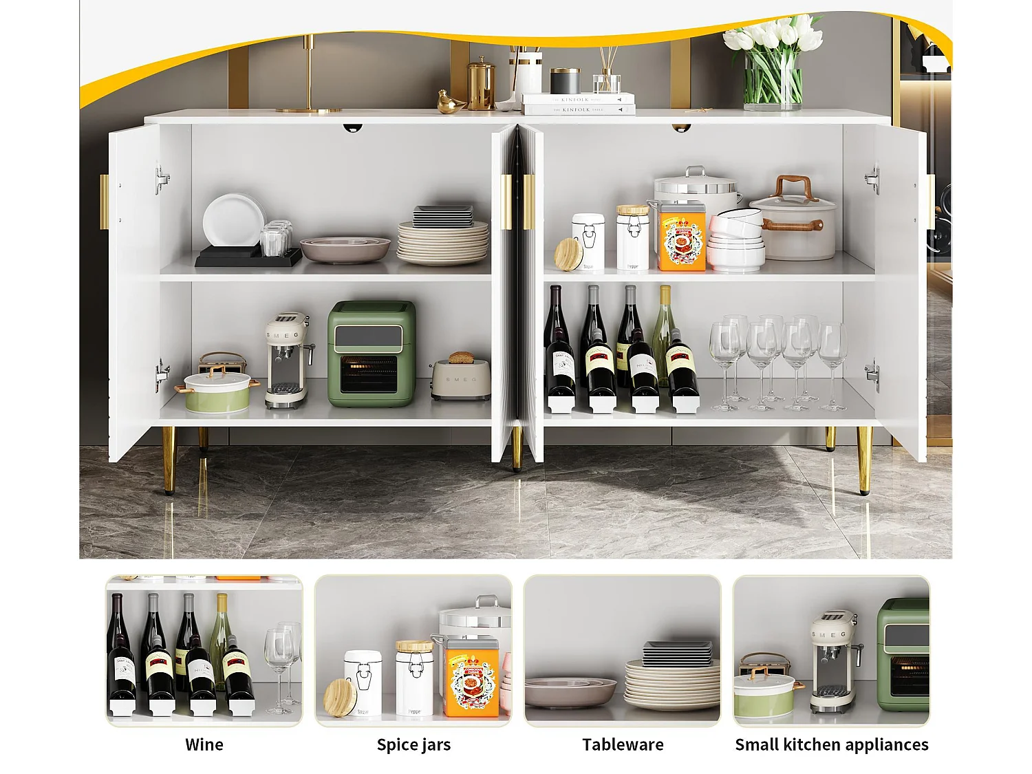 Buffet moderne - 4 portes à motif ondulé - en MDF - Blanc