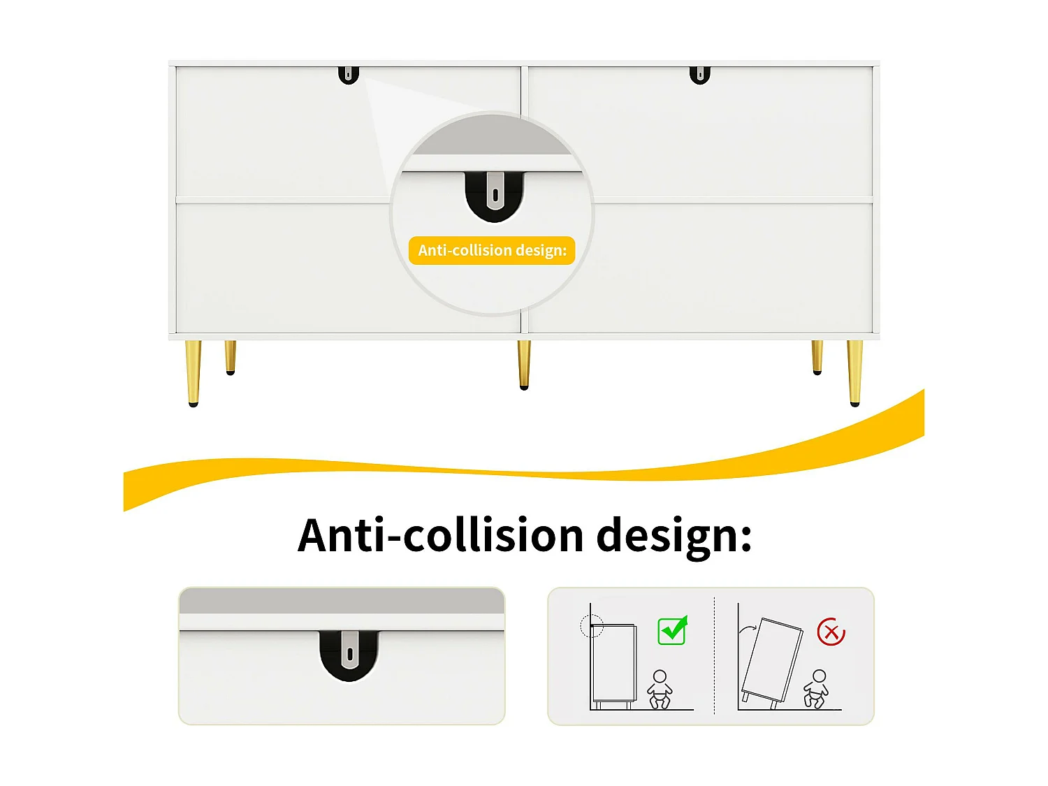 Buffet moderne - 4 portes à motif ondulé - en MDF - Blanc
