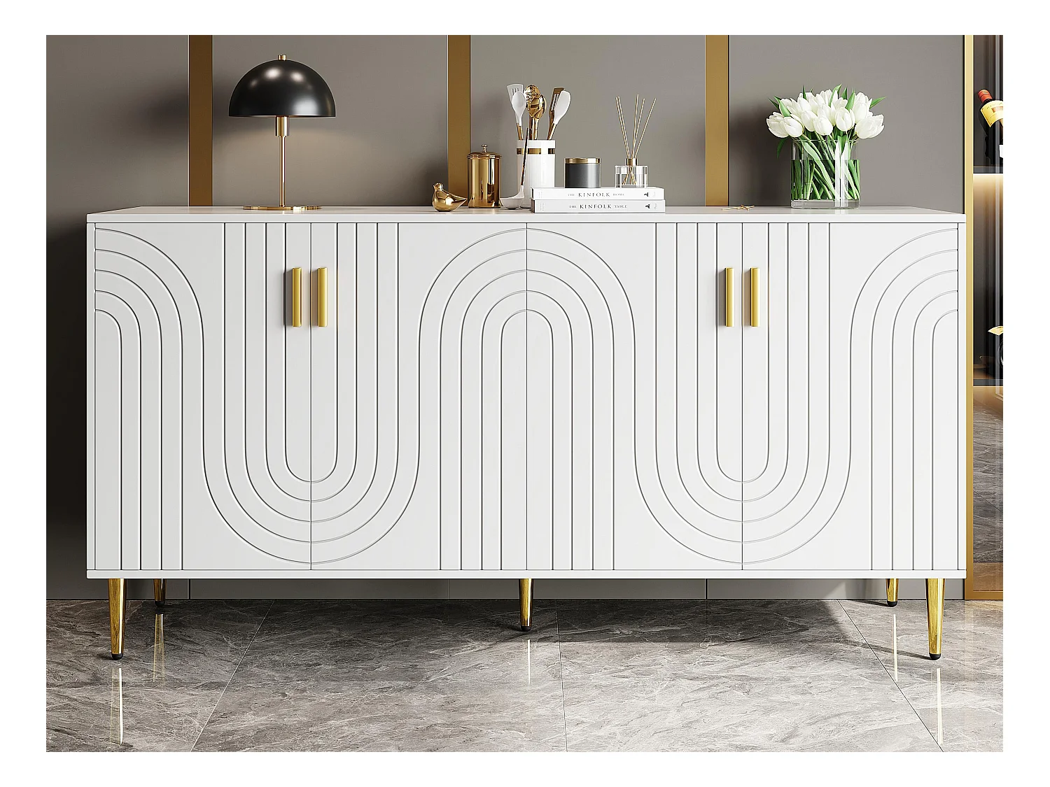 Buffet moderne - 4 portes à motif ondulé - en MDF - Blanc