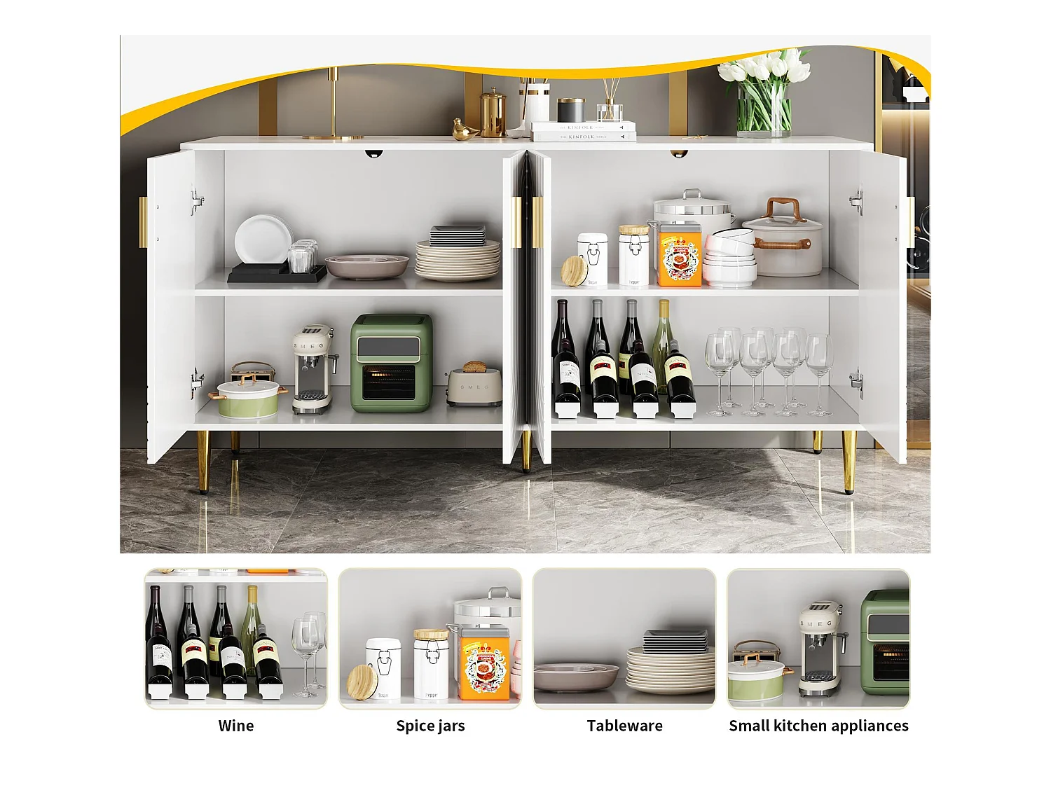 Modernes Sideboard – 4 Türen mit Wellenmuster – aus MDF – Weiß