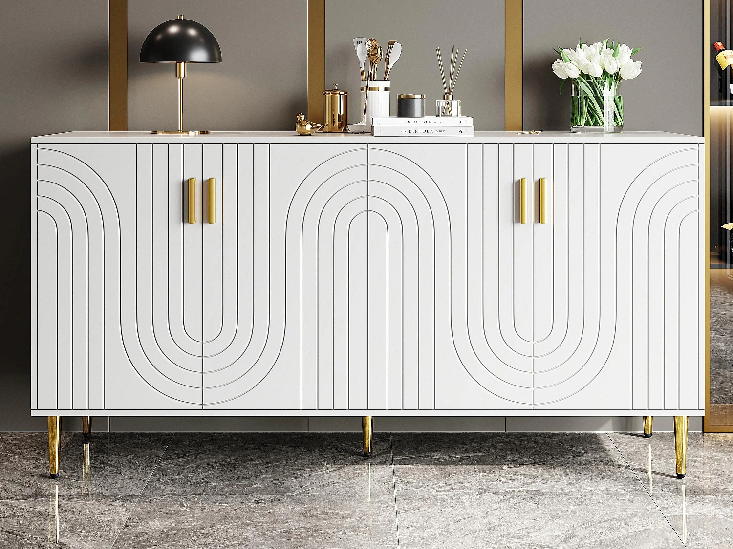 Buffet moderne - 4 portes à motif ondulé - en MDF - Blanc