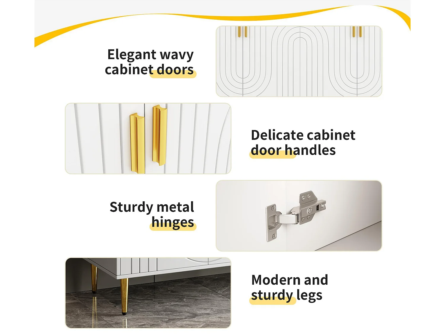 Buffet moderne - 4 portes à motif ondulé - en MDF - Blanc