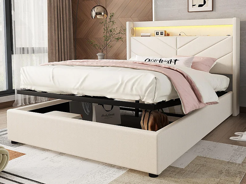 Lit coffre 140x190cm - tissu en lin - avec LED et prise USB - Beige